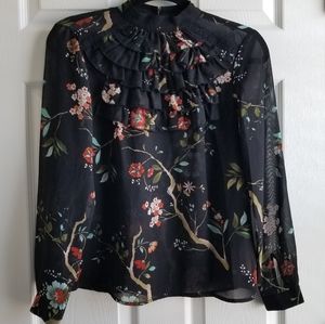 NANETTE LEPORE Sheer Boho Ruffle Floral Blouse
